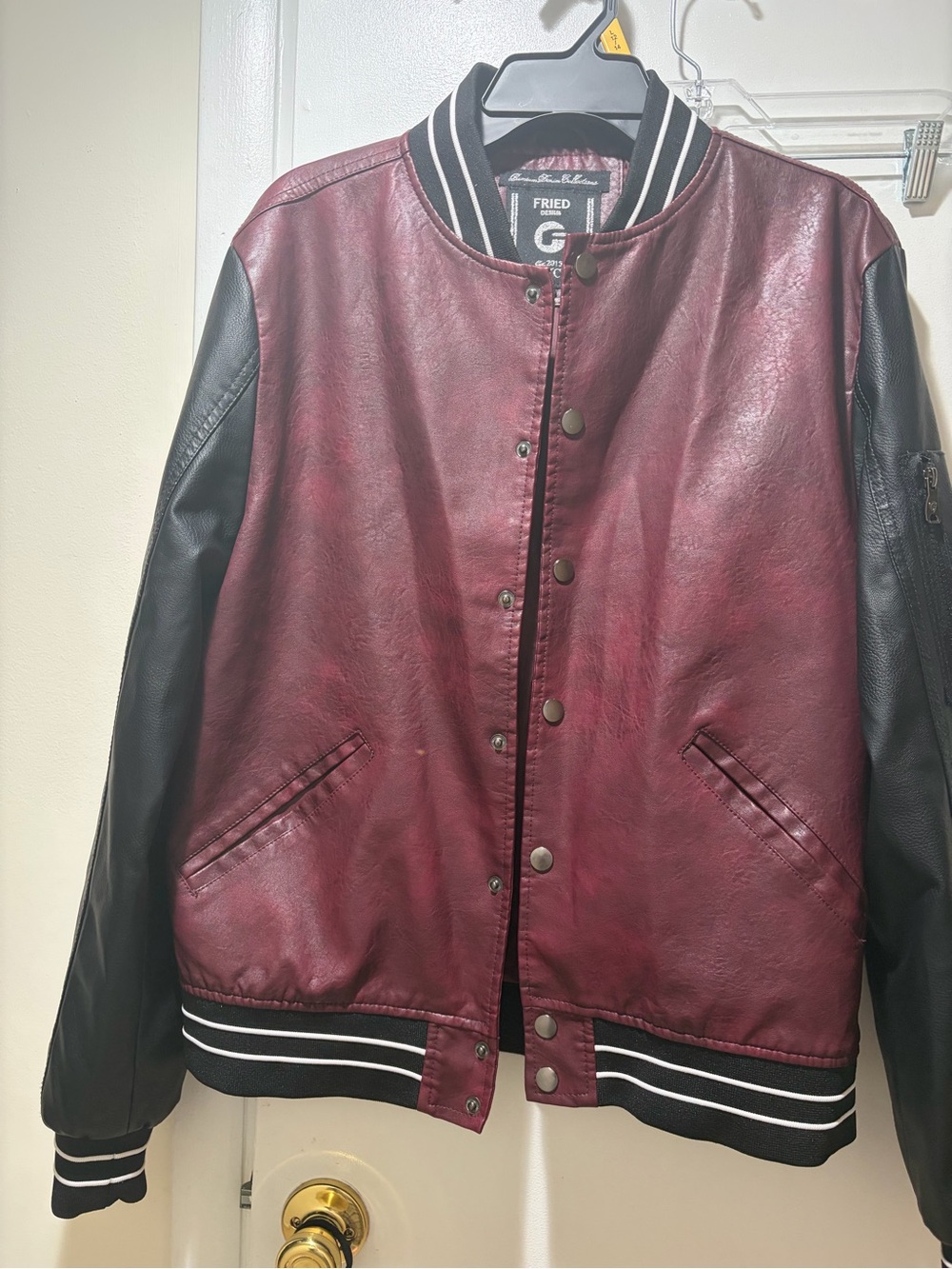 G-Star Burgundy and Black Varsity Bomber Jacket with Stripe Ribbing